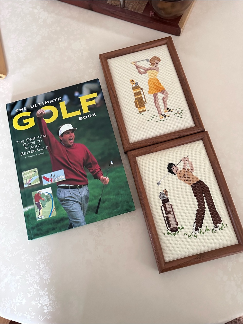 Framed Golf Cross-Stitch Wall Art Set & Vintage Golfers Book